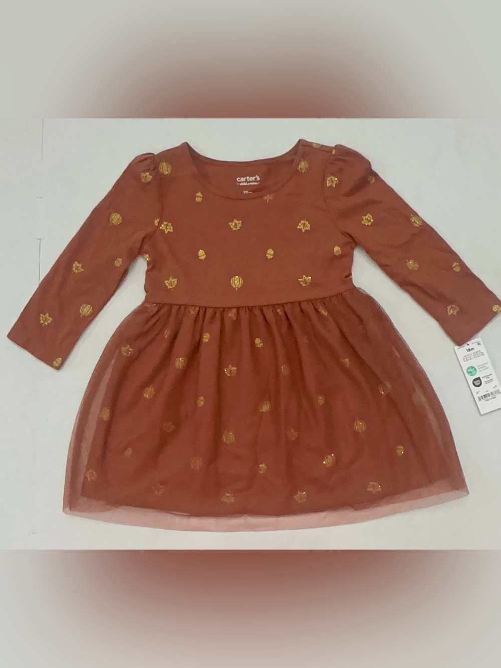 Carter's Girls Long Sleeve Brown Fall Dress with Gold Leaf Print Size 18 Months